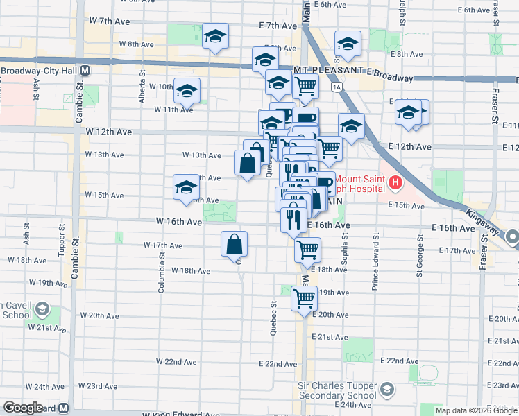 map of restaurants, bars, coffee shops, grocery stores, and more near 76 East 15th Avenue in Vancouver