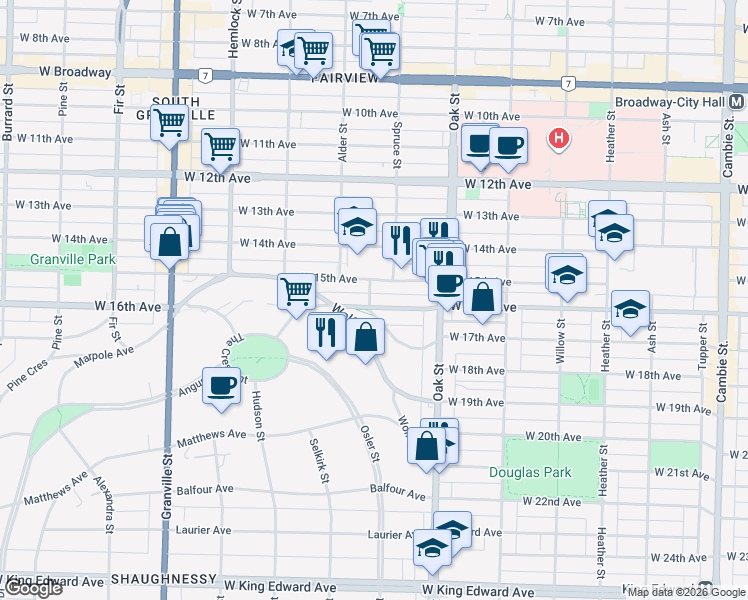 map of restaurants, bars, coffee shops, grocery stores, and more near 1131 West 16th Avenue in Vancouver