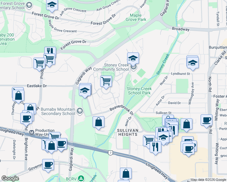 map of restaurants, bars, coffee shops, grocery stores, and more near 9154 Centaurus Circle in Burnaby