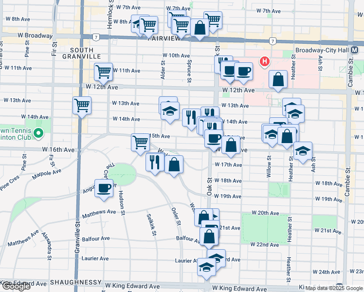 map of restaurants, bars, coffee shops, grocery stores, and more near 1121 West 16th Avenue in Vancouver