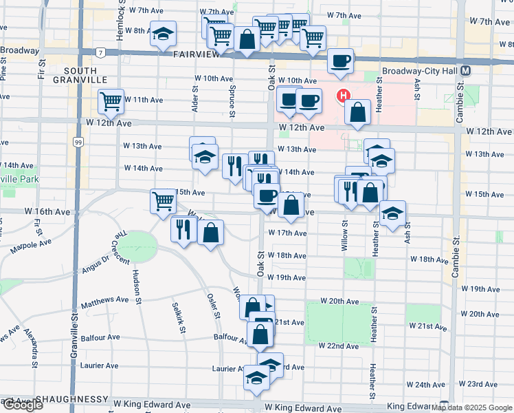 map of restaurants, bars, coffee shops, grocery stores, and more near 3195 Oak Street in Vancouver