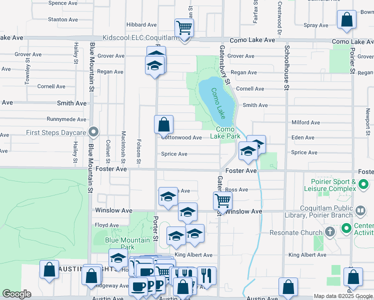 map of restaurants, bars, coffee shops, grocery stores, and more near 1119 Sprice Avenue in Coquitlam