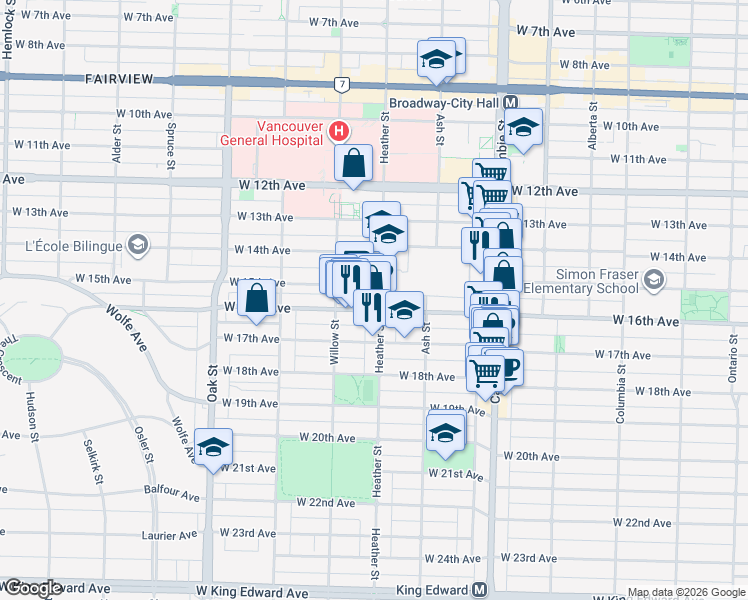 map of restaurants, bars, coffee shops, grocery stores, and more near 3137 Heather Street in Vancouver