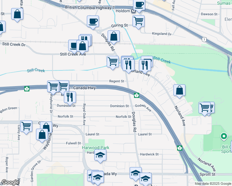 map of restaurants, bars, coffee shops, grocery stores, and more near 5461 Manor Street in Burnaby