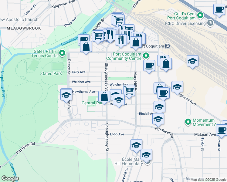map of restaurants, bars, coffee shops, grocery stores, and more near 2250 Hawthorne Avenue in Port Coquitlam