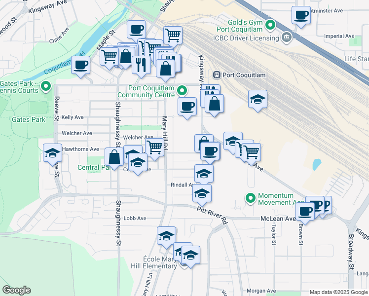map of restaurants, bars, coffee shops, grocery stores, and more near 2111 Hawthorne Avenue in Port Coquitlam