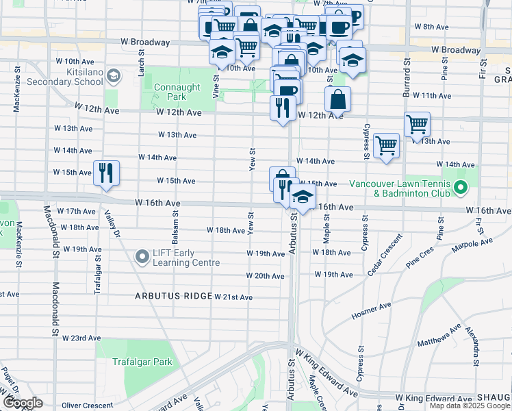 map of restaurants, bars, coffee shops, grocery stores, and more near 2168 West 16th Avenue in Vancouver