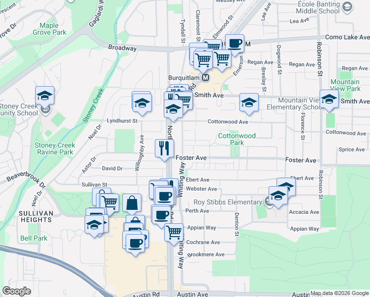 map of restaurants, bars, coffee shops, grocery stores, and more near 657 Whiting Way in Coquitlam