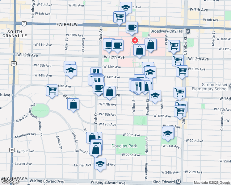 map of restaurants, bars, coffee shops, grocery stores, and more near 3167 Laurel Street in Vancouver
