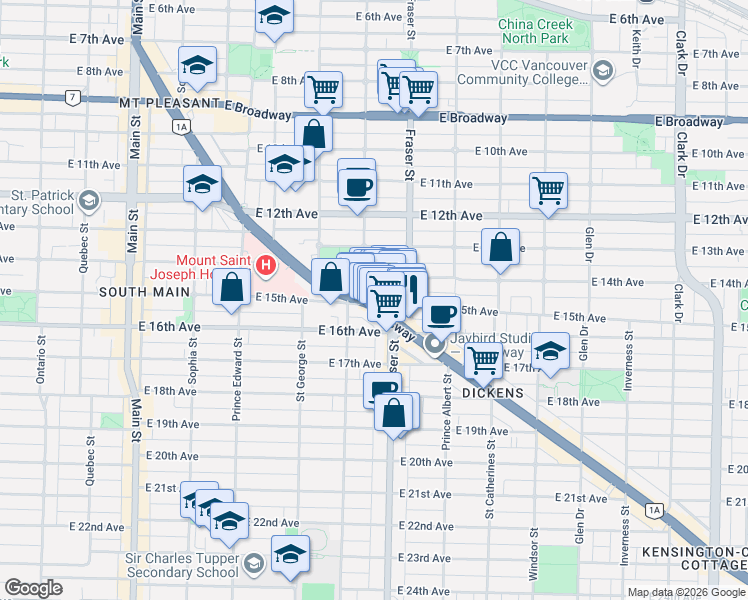 map of restaurants, bars, coffee shops, grocery stores, and more near 623 Kingsway in Vancouver