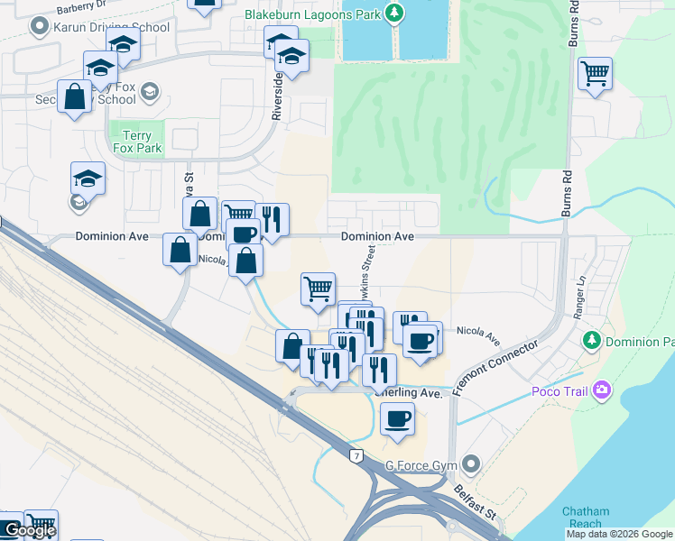 map of restaurants, bars, coffee shops, grocery stores, and more near 955 Seaborne Avenue in Port Coquitlam