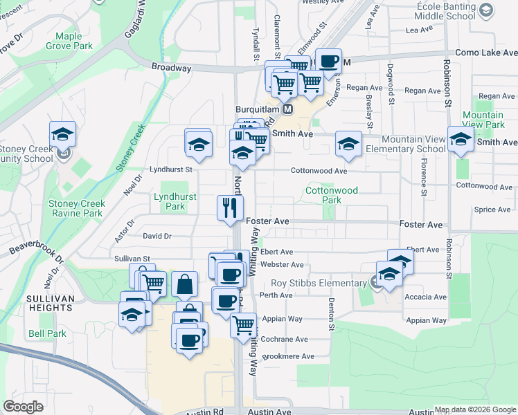 map of restaurants, bars, coffee shops, grocery stores, and more near 657 Whiting Way in Coquitlam