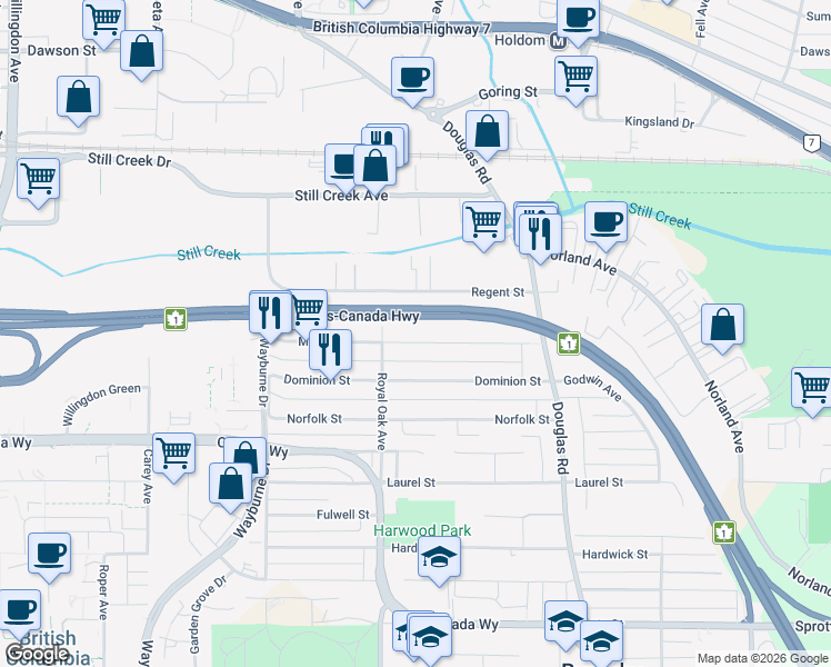 map of restaurants, bars, coffee shops, grocery stores, and more near 5291 Manor Street in Burnaby