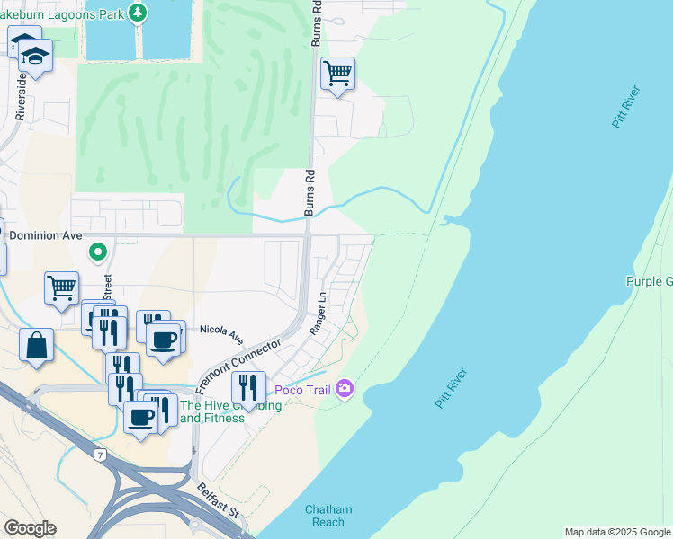 map of restaurants, bars, coffee shops, grocery stores, and more near 2380 Ranger Lane in Port Coquitlam