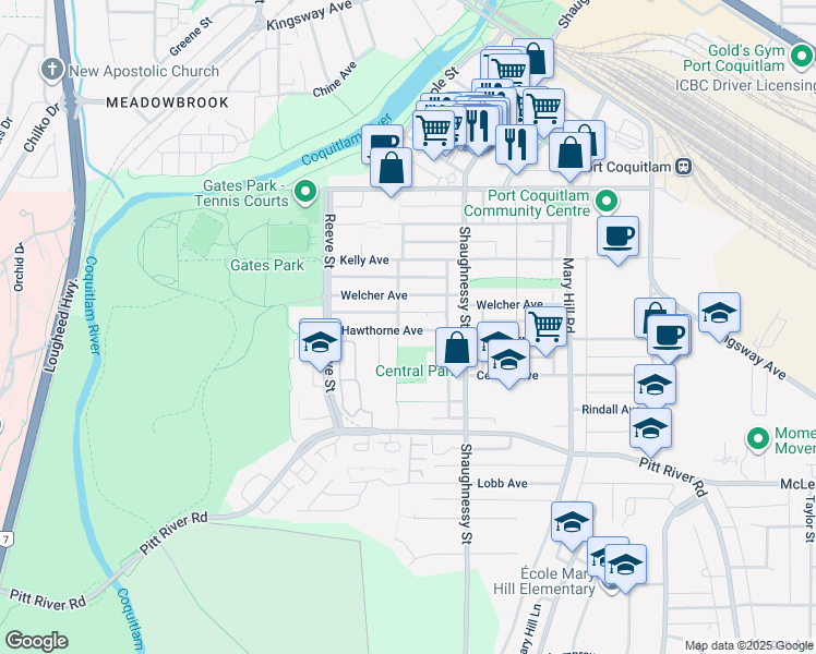 map of restaurants, bars, coffee shops, grocery stores, and more near 2389 Hawthorne Avenue in Port Coquitlam
