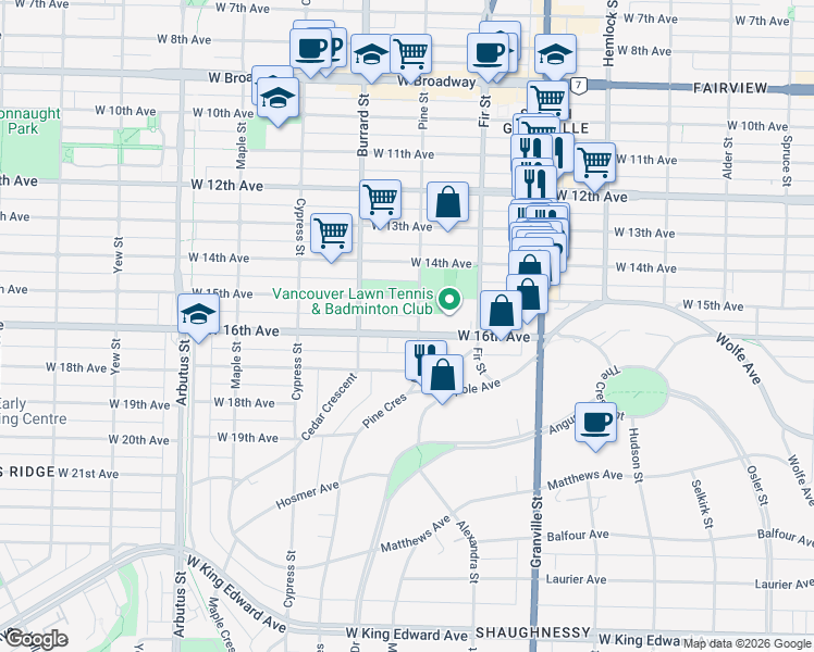 map of restaurants, bars, coffee shops, grocery stores, and more near 1715 West 16th Avenue in Vancouver