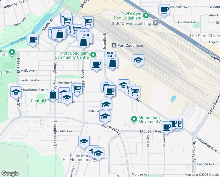 map of restaurants, bars, coffee shops, grocery stores, and more near 2280 Tyner Street in Port Coquitlam
