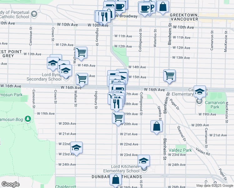 map of restaurants, bars, coffee shops, grocery stores, and more near 3595 West 17th Avenue in Vancouver