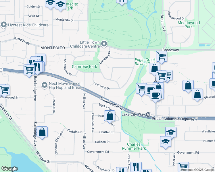 map of restaurants, bars, coffee shops, grocery stores, and more near 7515 Lawrence Drive in Burnaby