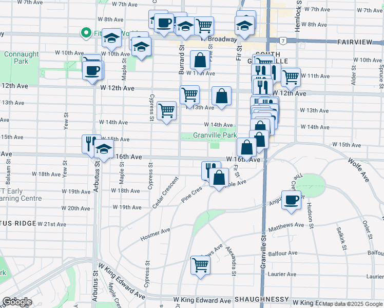 map of restaurants, bars, coffee shops, grocery stores, and more near 1759 West 16th Avenue in Vancouver