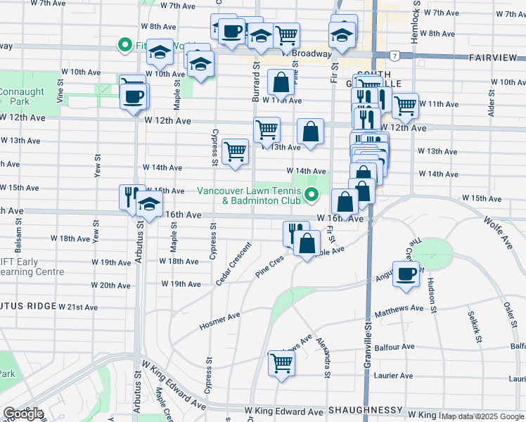 map of restaurants, bars, coffee shops, grocery stores, and more near 1775 West 16th Avenue in Vancouver