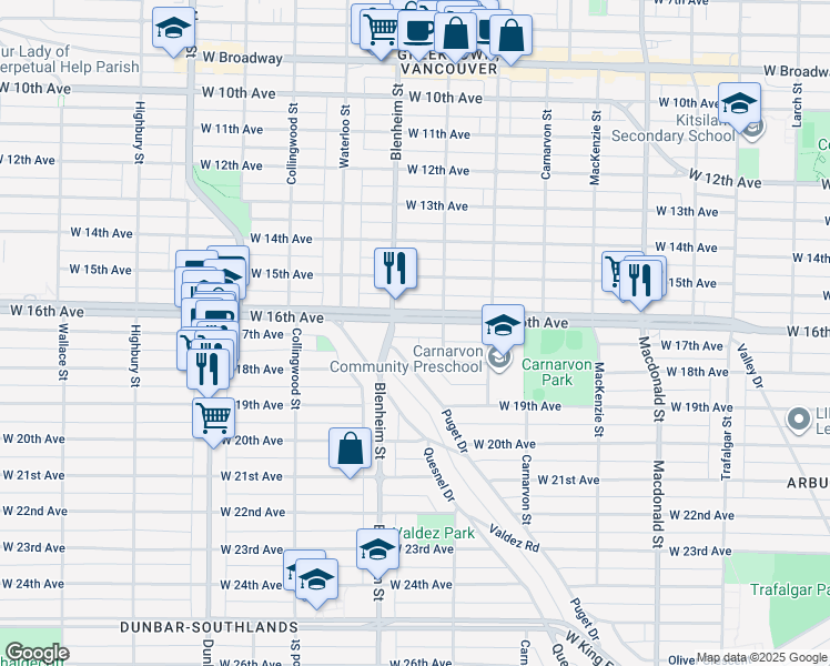 map of restaurants, bars, coffee shops, grocery stores, and more near in Vancouver