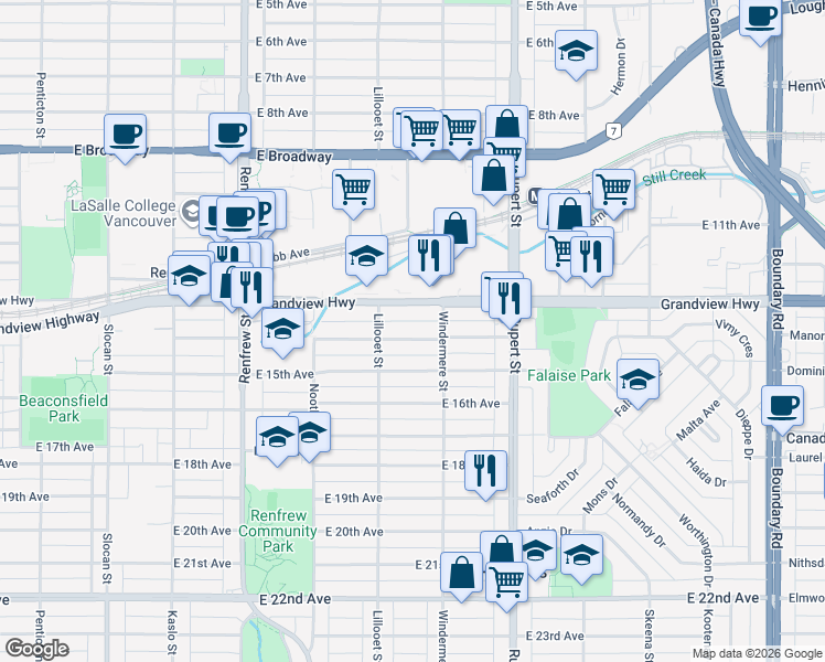 map of restaurants, bars, coffee shops, grocery stores, and more near 3155 East 14th Avenue in Vancouver