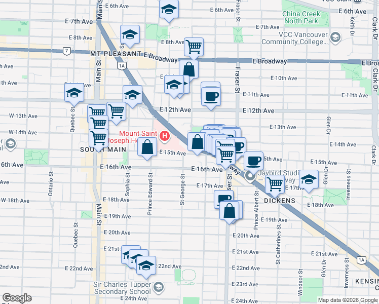 map of restaurants, bars, coffee shops, grocery stores, and more near 515 East 15th Avenue in Vancouver
