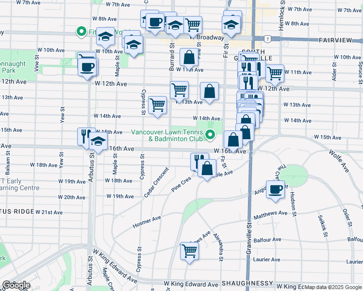 map of restaurants, bars, coffee shops, grocery stores, and more near 1761 West 16th Avenue in Vancouver