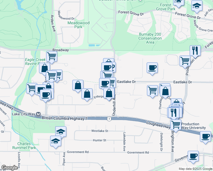 map of restaurants, bars, coffee shops, grocery stores, and more near 3011 Underhill Avenue in Burnaby