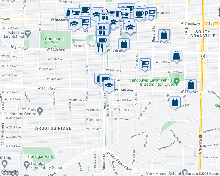 map of restaurants, bars, coffee shops, grocery stores, and more near 2055 West 16th Avenue in Vancouver