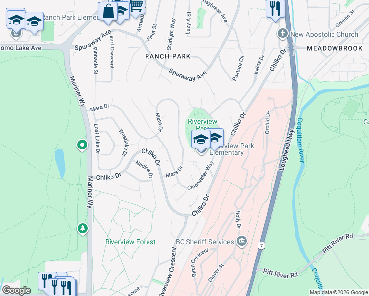 map of restaurants, bars, coffee shops, grocery stores, and more near 2873 Mara Drive in Coquitlam