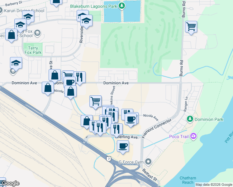 map of restaurants, bars, coffee shops, grocery stores, and more near 853 Seaborne Avenue in Port Coquitlam