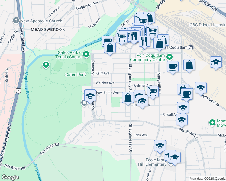 map of restaurants, bars, coffee shops, grocery stores, and more near 2389 Hawthorne Avenue in Port Coquitlam