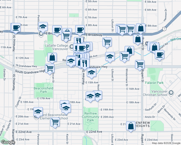 map of restaurants, bars, coffee shops, grocery stores, and more near 2929 Nootka Street in Vancouver