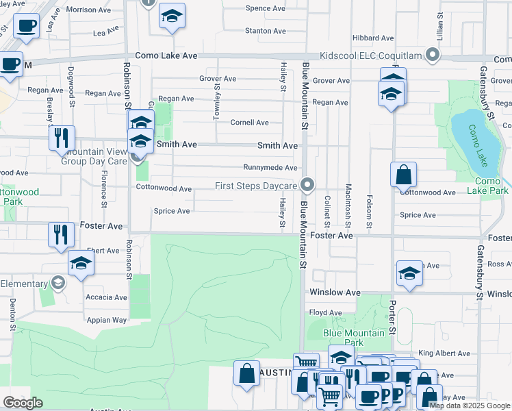 map of restaurants, bars, coffee shops, grocery stores, and more near 907 Sprice Avenue in Coquitlam