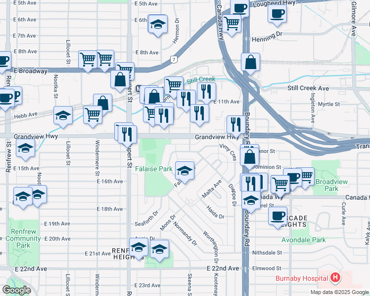 map of restaurants, bars, coffee shops, grocery stores, and more near 3475 Matapan Crescent in Vancouver