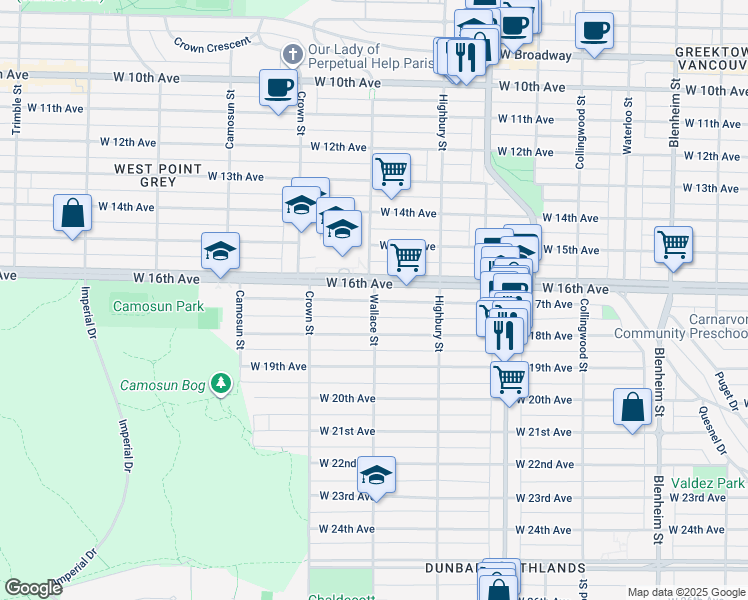 map of restaurants, bars, coffee shops, grocery stores, and more near 3295 Wallace Street in Vancouver