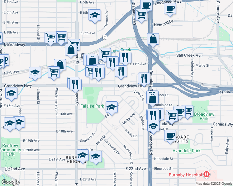 map of restaurants, bars, coffee shops, grocery stores, and more near 3507 Matapan Crescent in Vancouver