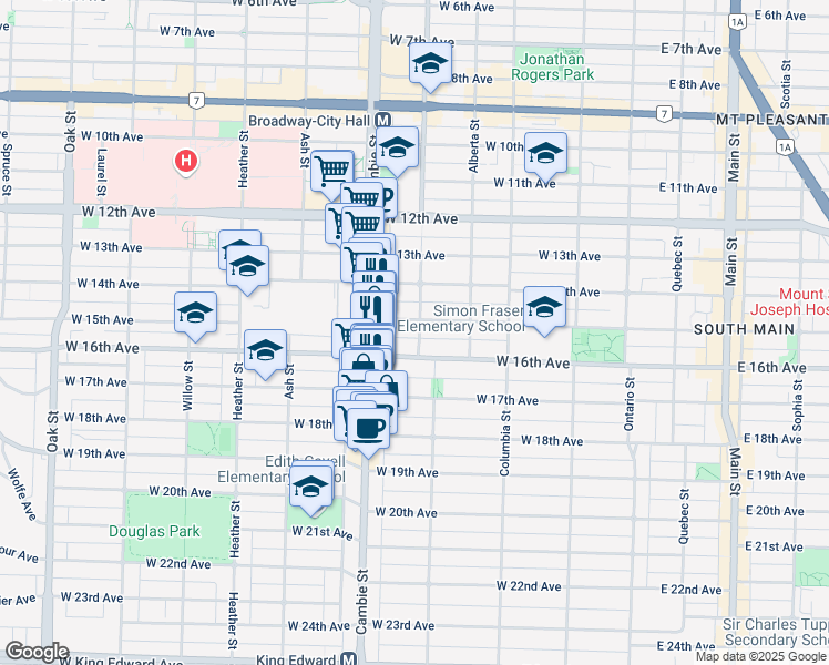 map of restaurants, bars, coffee shops, grocery stores, and more near 3155 Yukon Street in Vancouver