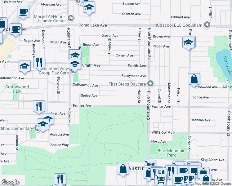 map of restaurants, bars, coffee shops, grocery stores, and more near 835 Sprice Avenue in Coquitlam