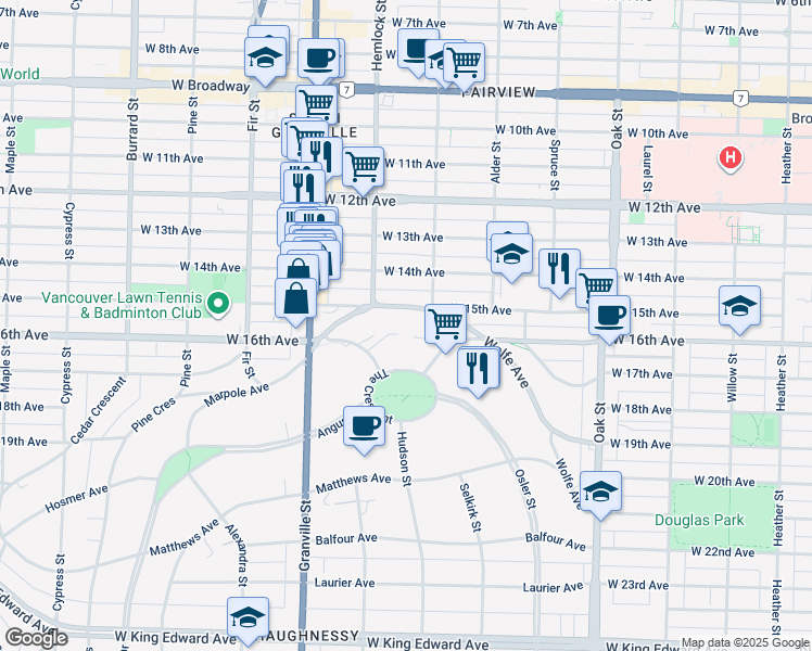 map of restaurants, bars, coffee shops, grocery stores, and more near 1350 West 15th Avenue in Vancouver