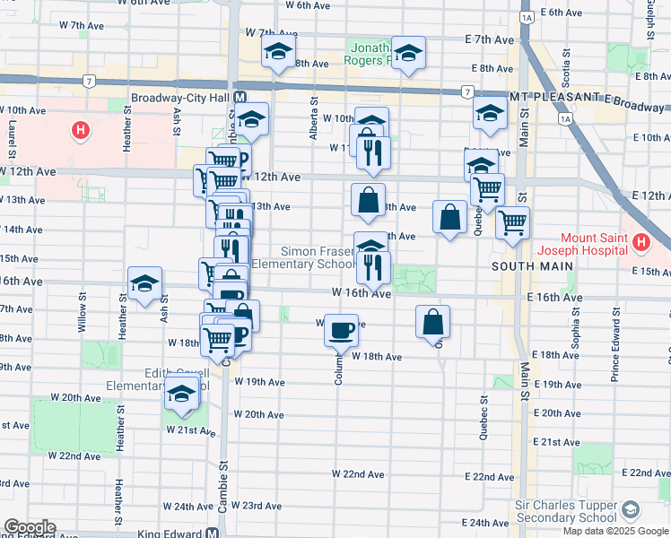 map of restaurants, bars, coffee shops, grocery stores, and more near 3121 Columbia Street in Vancouver