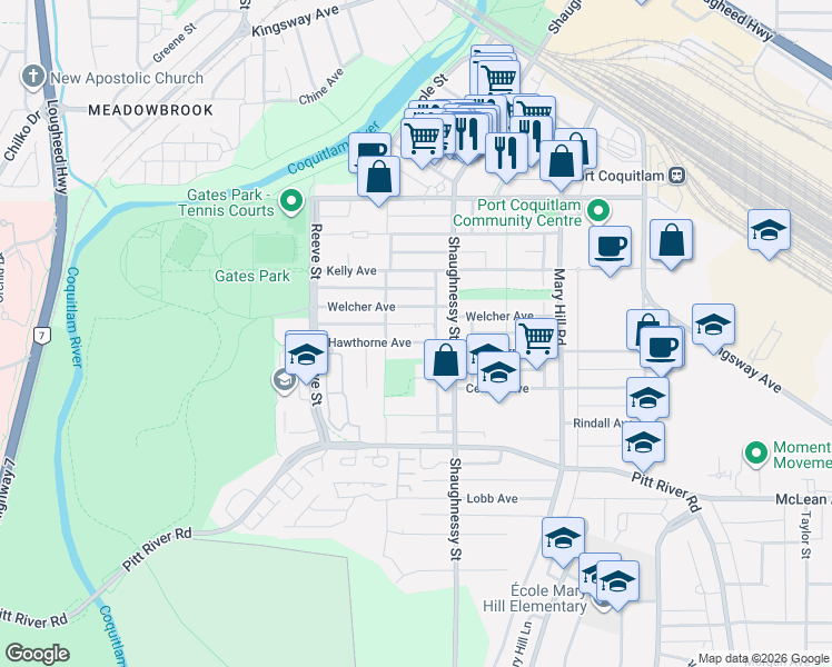 map of restaurants, bars, coffee shops, grocery stores, and more near 2351 Hawthorne Avenue in Port Coquitlam