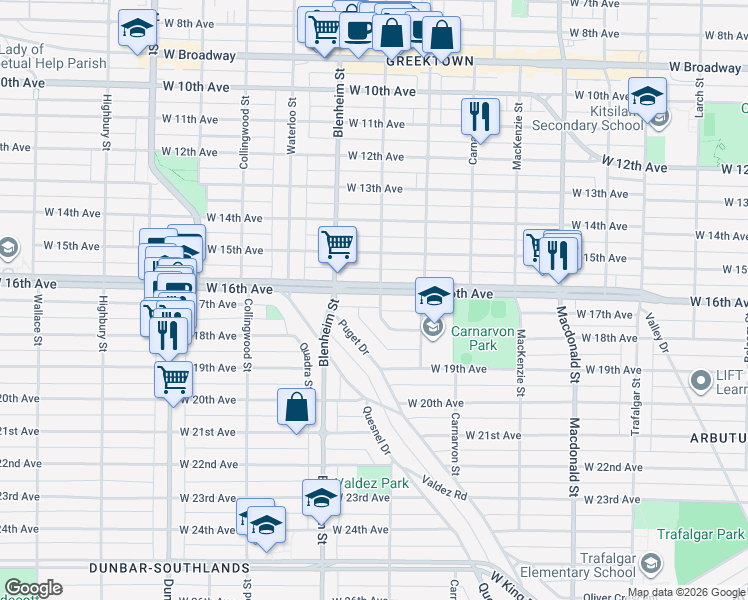 map of restaurants, bars, coffee shops, grocery stores, and more near 3215 Trutch street in Vancouver