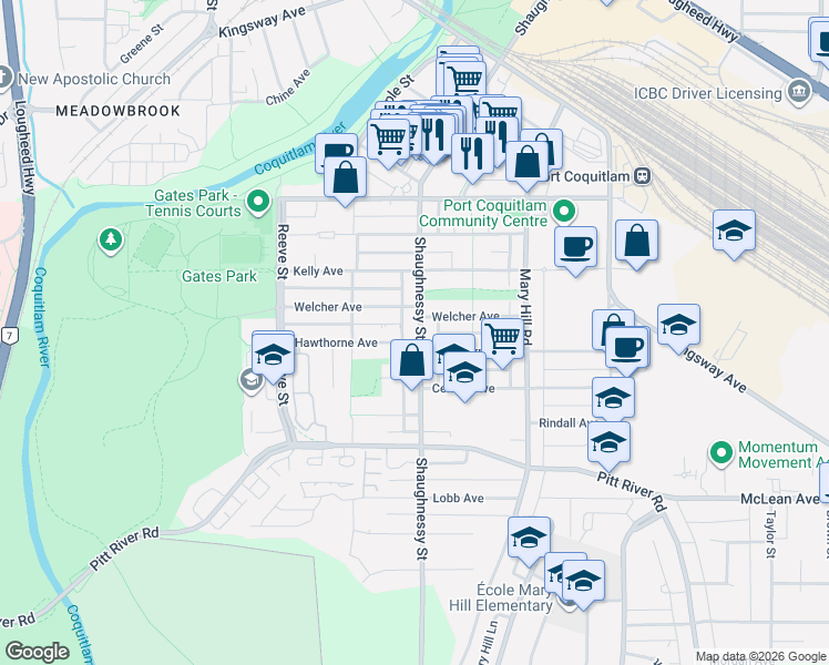 map of restaurants, bars, coffee shops, grocery stores, and more near 2339 Shaughnessy Street in Port Coquitlam