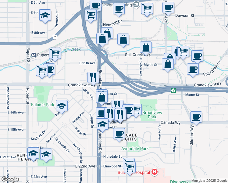 map of restaurants, bars, coffee shops, grocery stores, and more near 3753 Manor Street in Burnaby