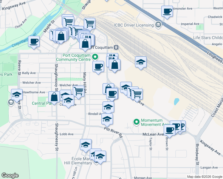 map of restaurants, bars, coffee shops, grocery stores, and more near 2280 Tyner Street in Port Coquitlam