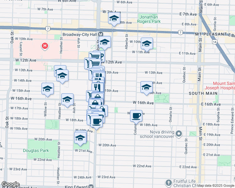map of restaurants, bars, coffee shops, grocery stores, and more near 354 West 15th Avenue in Vancouver