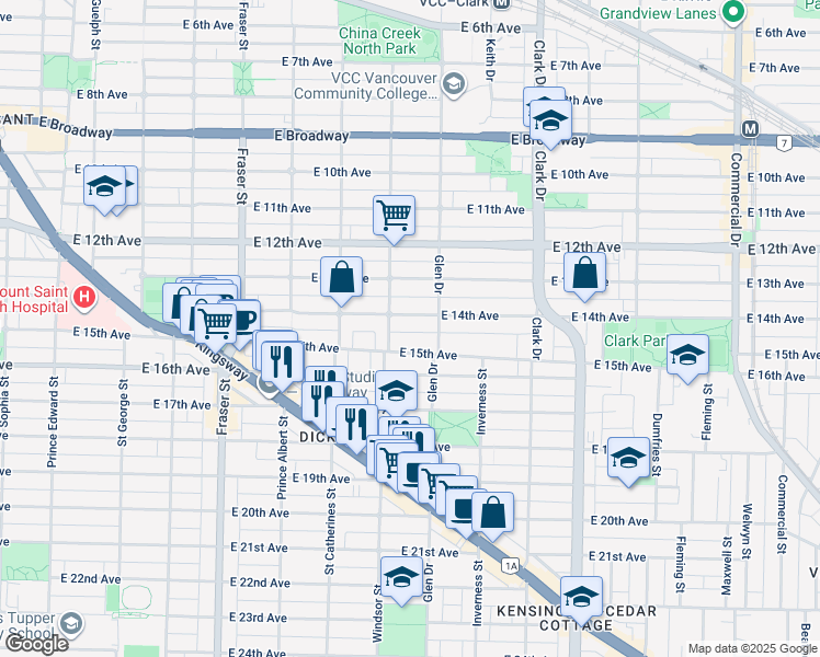 map of restaurants, bars, coffee shops, grocery stores, and more near 1036 East 14th Avenue in Vancouver